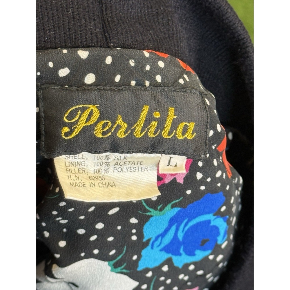 Vintage Perlita Jacket Women Large Black Floral 100% Silk 80s 90s Retro - Picture 7 of 13